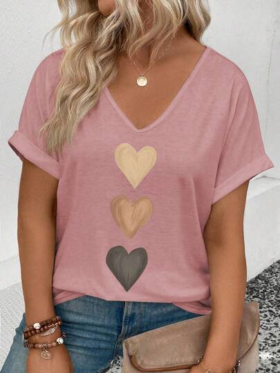 EMERY ROSE Women's V-Neck Cuffed Sleeve, Ombre Heart Print Casual Versatile T-Shirt, Spring/Summer