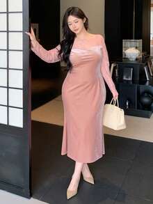 Dazy Plus Bodycon Partykleid für Damen in Große Größen mit Samt-Kontrast-Spitze, sexy und dehnbar für Dates, elegante Damenkleider für den Abschlussball - Pink - Übersicht 5