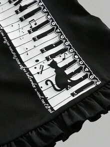 ROMWE Kawaii 可爱猫咪与音符印花领结长袖女式衬衫 - 彩色 - 查看 4