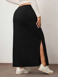 Enliva Plus Size Fitted Simple Solid Color Split Hem Stretchy Casual Pencil Skirt, For Apple Rounded Body Shape, For Body Shape, For Summer - Black - View 2