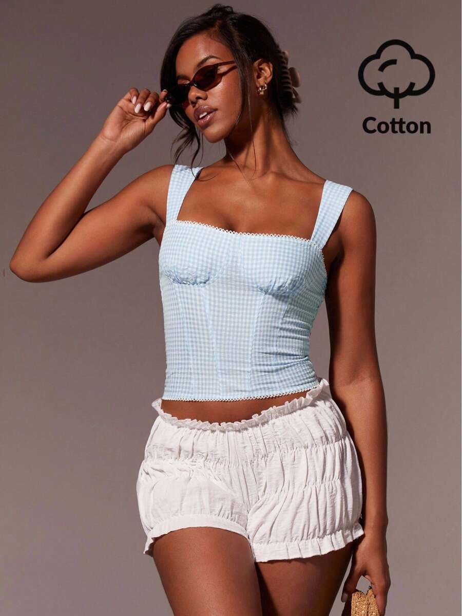 Athîral 女士格子图案甜心领上衣，适合夏季