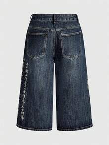 ROMWE J-Fashion 男女皆宜的复古街头风中国艺伎书法刺绣宽松阔腿七分牛仔裤 - 藍色 - 查看 2