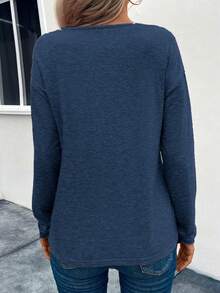 SHEIN LUNE 女士休闲纽扣装饰V领修身长袖T恤，秋季款 - 霧霾藍 - 查看 2