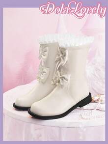 Dola Lovely Women's Fashion Versatile Mid-Calf Boots With Bow Decor Valentine's Day - White - View 3