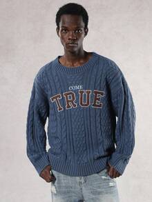 DAZY Men's Letter Embroidery Design Blue Striped Cable Knit Sweater, Autumn/Winter - Blue - View 6