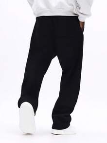 SUMWON Casual Drop Crotch Sweatpants With Embroidered Logo Detail And Relaxed Straight Fit For Everyday Comfort Plain - Black - View 6