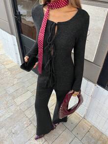 DAZY Women's Solid Color Front Tie Long Sleeve Top And Flare Pants Casual 2 Pieces Set - Black - View 5