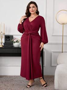 SHEIN Clasi Plus Size Women Long Sleeve Dress, Elegant Twist Knit Stretchy Dress For Autumn/Winter New Year Outfit - Burgundy - View 3