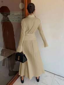 Siren Gaze 2025秋季女装新品必备——复古风纽扣衬衫裙，长袖，棉麻混纺，透气舒适，有内衬，不透光，优雅通勤装，适合商务休闲、工作、教师、日常穿着，也是秋季婚礼宾客和夜间外出的完美之选，2025秋季时尚必备单品 - 卡其色 - 查看 4