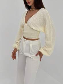 Aloruh Women's Elegant Alluring Deep Shirred Cinched Waist Pullover Long Sleeve Lantern Cuff Blouse - Beige - View 4