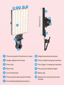 Teckwe Lampu Klip Isi Ulang Daya Tinggi 60 LED untuk Konferensi Video dengan Klip Depan & Belakang, 3 Mode Cahaya yang Dapat Disesuaikan untuk Ponsel, Kompatibel dengan iPhone, Android, iPad, Laptop, untuk Riasan, Selfie, Vlog, Cocok untuk Selfie dan Siaran Langsung, Lampu Selfie Portabel - Hitam dan Putih - View 7