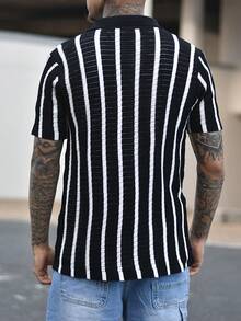 Devon Thys Men's Contrast Color Hollow Knit Cardigan, Fashionable For Summer, Fall - Black and White - View 2
