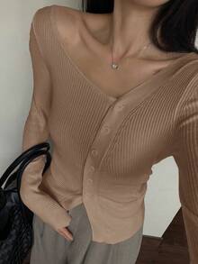 DAZY Women's Solid Color V-Neck Ribbed Oblique Shoulder Single-Breasted Long Sleeve Knitted Cardigan Spring - Gold - View 4