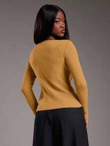 NYA SZN 长袖深V领扭结修身日常休闲商务休闲罗纹针织衫，适合教堂、办公室、教师返校季、秋冬季通勤穿着。 - 黃色 - 查看 2