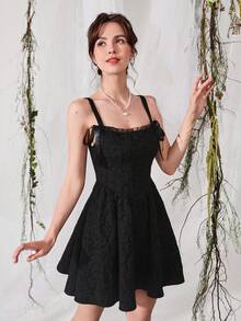 SHEIN MOD Solid Knot Detail Jacquard Cami Dress,Black Jacquard Mini Dress, Square Neck, Flare Skirt, Wide Strap, Party, Wedding, Textured Fabric, Ribbon Tie Detail, Elegant, Sleeveless, Classic, Evening, Summer, Floral, Vintage, Youthful, Statement, Soft, Women, Chic, Fit And Flare - Black - View 4