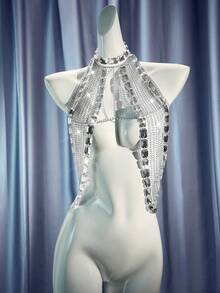 Fashionable Sexy Rhinestone Chain Backless Halter Bra Accessory - Silver - View 6