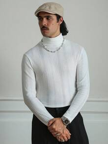 Manfinity Homme 男士白色高领保暖修身T恤，采用纹理弹力面料，更贴合身形，适合所有人穿着，经典必备单品。冬季男士长袖上衣 - 白色 - 查看 8