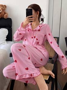 Eraneu Women's Heart Striped Ruffle Collar Single-Breasted Top And Pants Pajama Set, Winter Clothes - Pink - View 3