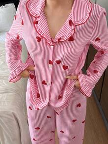 Eraneu Women's Heart Striped Ruffle Collar Single-Breasted Top And Pants Pajama Set, Winter Clothes - Pink - View 5