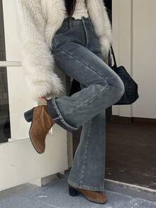 DAZY 女士喇叭形保暖内衬牛仔裤，秋冬季 Y2K 款式 - 藍色 - 查看 3