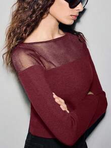 Lumivelle Women's Elegant Fashionable Minimalist Fitted Organza Semi-Sheer Off-Shoulder Sweater, Versatile For Autumn/Winter