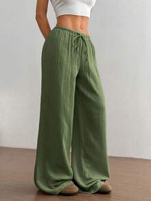 SHEIN MOOSTA 女式超低腰休闲棉质直筒裤 - 軍綠色 - 查看 6