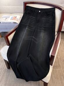 Manfinity Joysei Quần jeans ống rộng màu xanh nhạt bạc màu phong cách đường phố Y2K dành cho nam. - màu đen - Xem 2