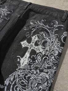 ROMWE MEN Goth 男士休闲时尚街头哥特风十字植物印花宽松阔腿牛仔裤 - 黑色 - 查看 4