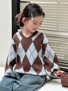 DAZY Girls Vintage V-Neck Argyle Patchwork Pullover Sweater Top, Young Girl Fall Fashion - Coffee Brown - View 7