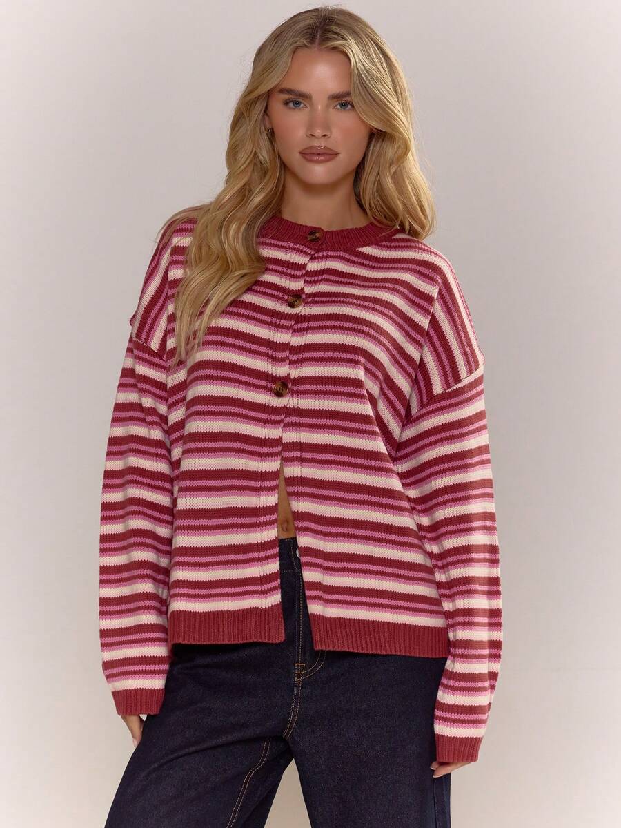 MUSERA Button Through Oversized Stripe Knit Cardigan Cute Cool Girl Cosy Winter Everyday Clean Girl Casual Cottage Core Old Money Butterscotch Evening Party Elegant Spring - Burgundy - View 1