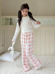 DAZY Tween Girl Plaid Pattern Elastic Waist Fluffy Wide Leg Pajama Pants, Autumn/Winter - Pink - View 4