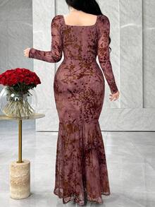 Modelyn Women's Solid Color Square Neck Fitted Elegant Long Sleeve Dress - Pink - View 3