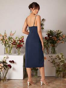 SHEIN Belle Burgundy Red Split Thigh Wrap Detail Bridesmaid Dress - Navy Blue - View 3