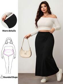 Enliva Plus Size Fitted Simple Solid Color Split Hem Stretchy Casual Pencil Skirt, For Apple Rounded Body Shape, For Body Shape, For Summer - Black - View 1