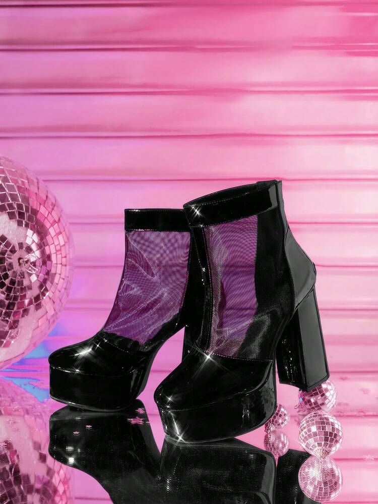 CUCCOO LuxiPop Women's Thick-Soled Splicing Mesh Yarn Fashionable Rear Zipper Design Glossy High-Heeled Short Boots