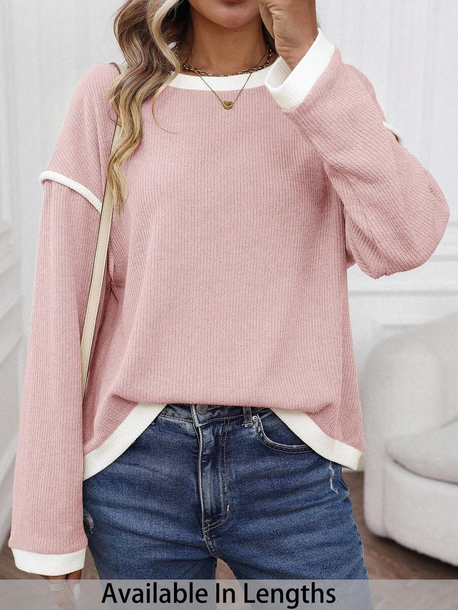 SHEIN PETITE CURVE 大码女式休闲拼接撞色长袖卫衣，适合情人节和秋冬季穿着 - 粉色 - 查看 1