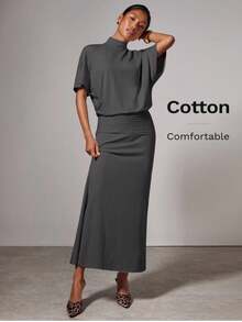 COSMINA Women's Solid Color Stand Collar Batwing Short Sleeve Fitted Elegant Dress - Dark Grey - View 1
