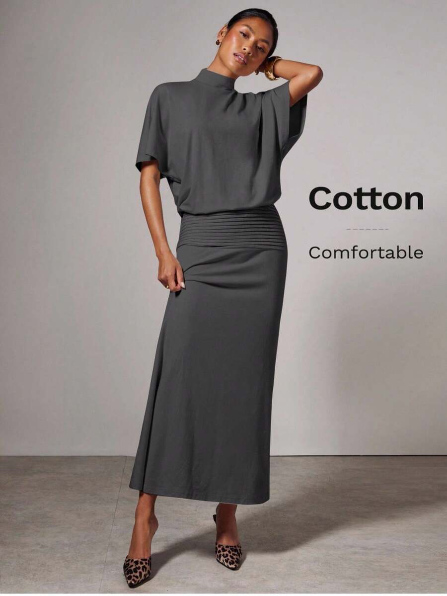 COSMINA Women's Solid Color Stand Collar Batwing Short Sleeve Fitted Elegant Dress - Dark Grey - View 1