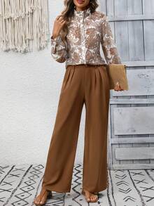 EMERY ROSE Women's Floral Print Long Sleeve Shirt And Pleated Wide Leg Pants Casual 2-Piece Set - Coffee Brown - View 3