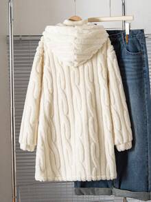 Sparklyn 1 件青少年女孩休闲连帽加厚羊毛夹克，宽松版型，经典白色，正面全拉链带纽扣，舒适的长外套，纹理针织设计，带有黑色英文文字装饰，适合上学、通勤、度假、旅行、返校、音乐节、秋冬 - 米色 - 查看 2