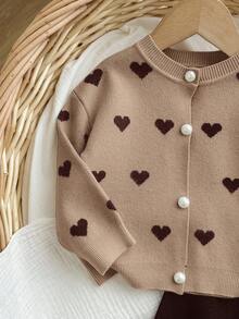 SHEIN Baby Girl Casual Heart Jacquard Cardigan And Knit Pants Set, Autumn/Winter - Khaki - View 5