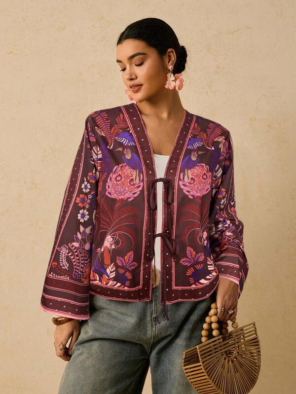 Travachic Plus-size dames overhemd met lange mouwen en palmboomprint en strik aan de voorkant