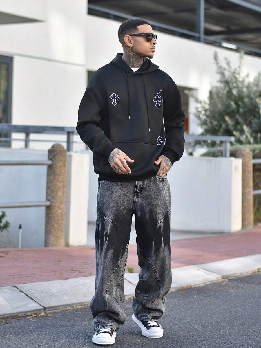 Devon Thys 1 件正义兄弟美式拼布男士破洞牛仔裤，街头风格个性化宽腿宽松长裤 - 灰色 - 查看 1