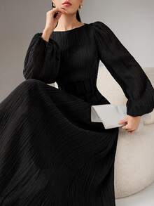 Heiryn 女士优雅纯色灯笼袖收腰长连衣裙，秋季 - 黑色 - 查看 6