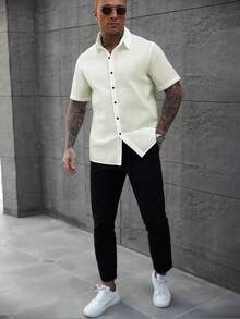 Manfinity CasualCool 男士纯色前扣短袖休闲衬衫，短袖衬衫，纽扣男士衬衫，白色男士衬衫 - 米色 - 查看 7