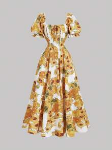 SHEIN MOD 梵高向日葵绘画图案连衣裙，泡泡袖，蝴蝶结细节，适合约会、派对、度假、下午茶、生日场合、情人节、女士生日礼服、女士正式礼服、女士沙滩装、度假、舞会礼服、金色连衣裙、夏季连衣裙、女士婚礼宾客礼服、太阳裙