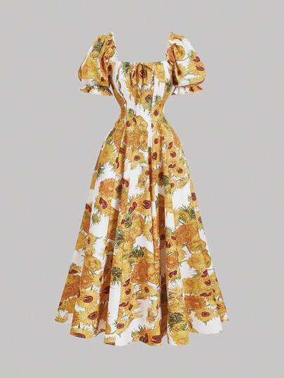 SHEIN MOD 梵高向日葵绘画图案连衣裙，泡泡袖，蝴蝶结细节，适合约会、派对、度假、下午茶、生日场合、情人节、女士生日礼服、女士正式礼服、女士沙滩装、度假、舞会礼服、金色连衣裙、夏季连衣裙、女士婚礼宾客礼服、太阳裙