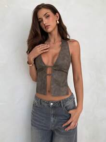 Aloruh Women's Sexy Deep V Beaded Decor PU Backless Halter Top,Tank Top - Brown - View 3