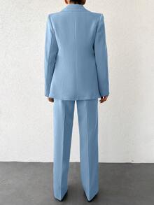 EURMUSE Ladies' Casual Solid Color Suit With Long Coat And Pants - Baby Blue - View 2