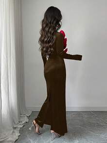 Rafferiza Women's Autumn/Winter Round Neck 3D Floral Velvet Bodycon Waist Cinching Long Dress, Elegant Party & Christmas Evening Gown Long Brown Dress Chocolate Brown Dress Brown Velvet Dress Long Sleeve Brown Dress - Brown - View 2